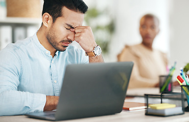 Image showing Stress headache, burnout and Indian man exhausted, overwhelmed with workload deadline in office. Frustrated, overworked and tired employee with pain, hand on head and anxiety for time pressure crisis