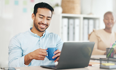 Image showing Laptop, coffee and smile with a business man at work in his office, taking a break during a project. Computer, drink and internet search with a male employee working on an email, proposal or review