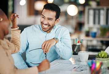 Image showing Meeting, planning and collaboration with laughing people together while working in their business office. Collaboration, strategy and humor with a team joking at work while sitting in their workplace