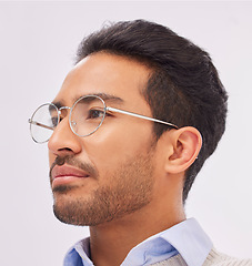 Image showing Business, glasses and man thinking, concentration and professional with confidence, startup success and ideas. Male consultant, employee or ceo with eyewear, clear vision or opportunity for promotion