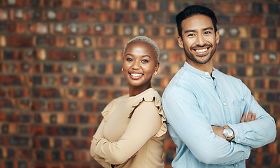 Image showing Portrait, smile and business people with arms crossed in office for teamwork. Collaboration, cooperation and happy, confident and proud employees, black woman and man with pride for career diversity.