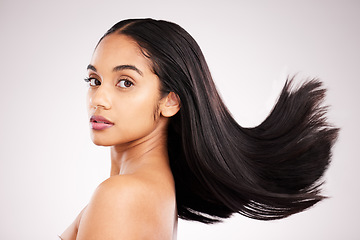 Image showing Beauty, hair care and portrait of woman in studio for shampoo, confidence and keratin treatment. Textures, salon and shine with female model on white background for glow, self love and cosmetics