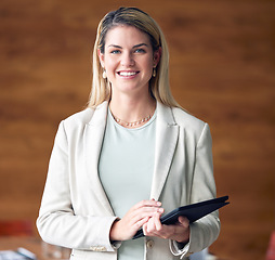 Image showing Business, confidence and portrait happy woman with tablet in office, startup ceo or owner at hr company. Happiness, project management and professional businesswoman with smile at recruitment agency.