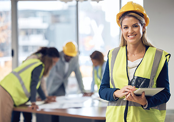 Image showing Woman, architect and tablet in leadership for meeting, construction or planning architecture at office. Portrait of happy female engineer with touchscreen for industrial team management at workplace