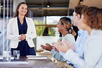 Image showing Presentation, applause and success with woman and business people for idea, meeting and leadership. Celebration, strategy and speaker with employees clapping in office for seminar, goals and growth