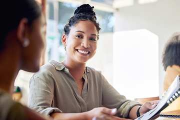 Image showing Office, workshop and woman with smile and documents for business proposal, training or advice at meeting. Leadership, management and opportunity on startup project, young businesswoman in boardroom.