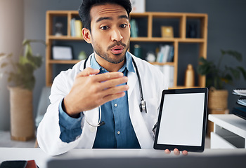 Image showing Mockup, Asian man and doctor with tablet, explain diagnosis and healthcare issue in workplace. Male employee, medical professional and physician with device, talking and feedback for cure or solution