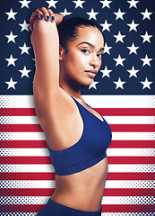 Image showing Sports, fitness and portrait of black woman with American flag background for international competition. Confidence, pride and female runner stretching for workout or marathon race at athletic games.