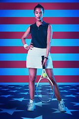 Image showing Portrait, tennis and woman with American flag, fitness and training for wellness, balance and healthy lifestyle. Face, female player and athlete with racket, USA and lady with confidence and patriot