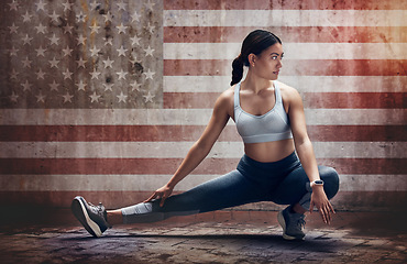 Image showing Fitness, flag and a usa sports woman stretching in studio while getting ready for a cardio or endurance workout. Exercise, background and warm up with a female runner or athlete training for health