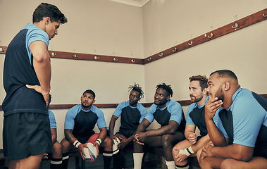 Image showing Locker room, motivation and rugby team with coach or captain in strategy discussion or game plan. Training, coaching and group of sports players planning teamwork with leader in cloakroom together.