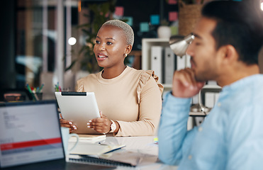 Image showing Meeting, presentation and black businesswoman briefing her team using a tablet in a boardroom planning and brainstorming. Employee, corporate and female manager or leader talking and presenting