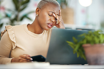 Image showing Stress, headache and black woman in the office while working on project with a laptop. Burn out, tired and professional African female business employee with a migraine in modern corporate workplace.