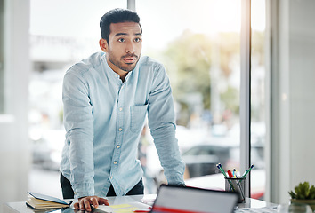 Image showing Manager, leader and business man in a presentation or meeting in a boardroom planning a company strategy. Confident, serious and male employee at a startup with a vision, idea and in a office