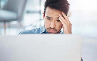 Image showing Stress, computer and frustrated business man in office for difficult project, challenge and anxiety of problems. Confused male employee, desktop and headache for online mistake, 404 glitch and crisis