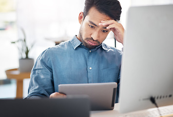 Image showing Stress, tablet and bored business man in office for difficult project, challenge or burnout of brain fog. Confused male employee, digital technology and frustrated for online mistake, lazy and glitch