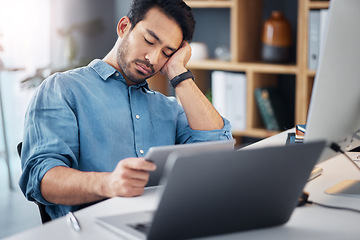 Image showing Business man, tablet and sleeping at desk with burnout, stress and mental health. Fatigue, lazy and tired worker nap in office, digital technology and anxiety of depressed problem, challenge and fail