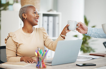Image showing Smile, black woman at desk and coffee break in creative office with laptop and cup in hands. Gratitude, tea time and happy African businesswoman at computer at startup business with mug from coworker