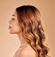 Image showing Woman, beauty and hair care profile with healthy growth or shine and strong texture on brown background. Aesthetic female in studio with glow, long curls and color for haircare and skincare wellness