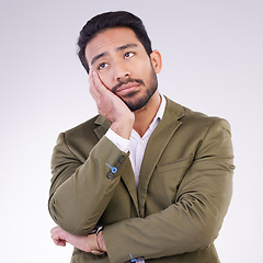 Image showing Business, stress and Asian man tired, burnout and overworked against studio background. Japanese male employee, entrepreneur and agent with anxiety, fatigue or financial problems with startup company