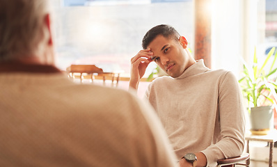 Image showing Mental health, anxiety and counseling, man with therapist in office with depression and sadness. Advice, therapy consultation and psychology, depressed person with psychologist and stress headache.