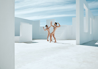 Image showing Naked statue, art deco and men posing in open space architecture in the nude. Outdoor, live greek statues and model portray homosexual, power and fitness muscle display of creativity as artwork