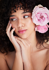 Image showing Beauty, flowers and face of woman with makeup, cosmetics and hair care for wellness, glamour and glow in studio. Salon aesthetic, luxury spa and girl model for natural, skincare and facial treatment