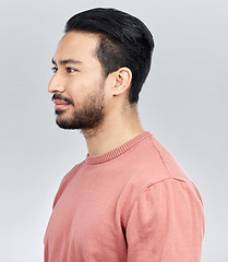 Image showing Face profile, beauty and Asian man in studio isolated on a gray background or backdrop. Thinking, aesthetics idea and male model posing for healthy skin for skincare, health cosmetics and wellness.