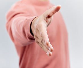 Image showing Man, handshake and meeting for deal, introduction or partnership isolated against a white studio background. Male shaking hands for greeting, agreement or support in collaboration or friendly gesture