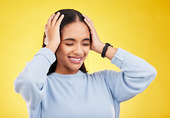 Image showing Headache, stress and woman in a studio with brain fog, tension and frustrated from burnout. Anxiety, young female and wellness problem of a sick person with mental health issue and pain from migraine