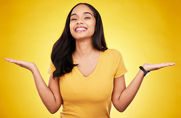 Image showing Happy, mockup and palm with portrait of woman in studio for choice, announcement and deal. Opportunity, product placement and promotion with female on yellow background for branding, offer and show