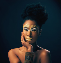 Image showing Makeup, gold and glitter with portrait of black woman in studio for luxury, cosmetics and African pride. Natural, creative art and goddess with female model on background for queen, bronze or glamour
