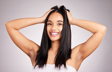 Image showing Beauty, hair style and happy with portrait of woman in studio for shampoo, confidence and keratin treatment. Textures, salon and shine with model on white background for glow, self care and cosmetics