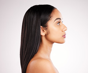 Image showing Hair, profile and beauty of a woman in a isolated, white background and studio with salon treatment. Cosmetics, self care and young female model with healthy hairstyle texture and haircut growth