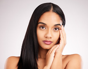 Image showing Beauty, hairstyle and touch with portrait of woman in studio for keratin treatment, shampoo and glow. Salon, texture and natural with model on white background for shine, satisfaction and results