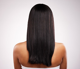 Image showing Hair, back and beauty of a woman in a isolated, white background and studio with salon treatment. Cosmetics, self care and young female model with healthy hairstyle texture and haircut growth