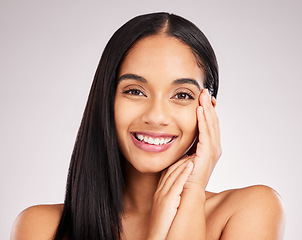 Image showing Beauty, skincare and smile with portrait of woman in studio for spa treatment, cosmetics and self care. Facial, glow and natural with model on white background for happy, satisfaction and results