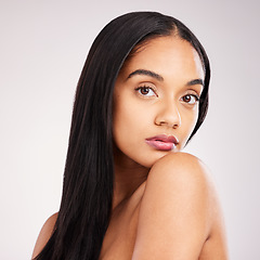 Image showing Beauty, hairstyle and makeup with portrait of woman in studio for keratin treatment, shampoo and shine. Salon, texture and natural with model on white background for straight hair, face and results