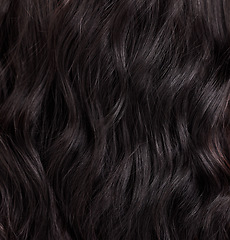 Image showing Beauty, hair care and closeup of a woman with healthy, wellness and healthcare of a hairstyle texture. Salon, curls and wavy haircut textures of a female with dark color beautician treatment