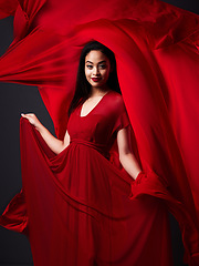 Image showing Woman, art and fashion, red fabric on dark background with beauty and aesthetic movement. Flowing silk motion, fantasy and artistic portrait of model with smile in designer dress and veil in studio