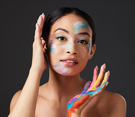 Image showing Beauty, art and face paint, portrait of woman with creative makeup and self expression. Skincare, creativity and color in artistic cosmetics, aesthetic and freedom to express for young beautiful girl