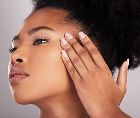 Image showing Skincare, woman hand and face closeup of beauty, dermatology and facial treatment. Spa, wellness and skin glow aesthetic with a studio background with young female, cosmetics and manicure nails