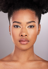 Image showing Skincare, beauty and portrait of black woman with confidence, white background and cosmetics product. Health, dermatology and natural makeup, African model in studio for healthy skin and wellness.