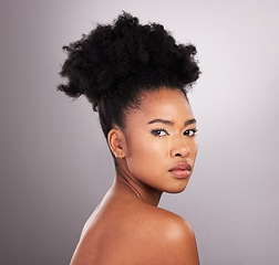 Image showing Cosmetics, beauty and portrait black woman with confidence, white background and skincare product. Health, dermatology and natural makeup, African model in studio for healthy skin care and wellness.