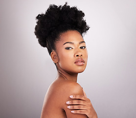 Image showing Skincare, Africa and portrait black woman with confidence, white background and cosmetics. Health, dermatology and natural makeup, beauty model in studio for healthy skin care and wellness.