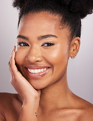 Image showing Skincare, beauty and smile, portrait black woman with confidence, white background and cosmetics. Health, dermatology and natural makeup and African model face in studio, healthy skin and care.