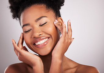 Image showing Skincare, woman smile and face closeup of beauty, dermatology and facial treatment. Spa, wellness and skin glow aesthetic with a studio background with young female, cosmetics and makeup shine
