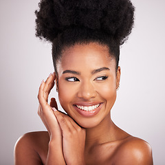 Image showing Skincare, beauty and smile, black woman with confidence, white background and cosmetics product. Health, dermatology and natural makeup, African model in studio for healthy skin care and wellness.