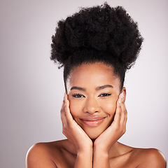 Image showing Skincare, makeup and portrait black woman with confidence, white background and cosmetics product. Health, dermatology and natural beauty, African model in studio for healthy skin care and wellness.