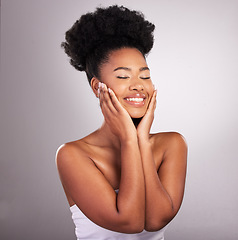 Image showing Skincare, African beauty and black woman with hands on face, confidence in white background and cosmetics product. Health, dermatology and natural makeup, model in studio for healthy skin and care.